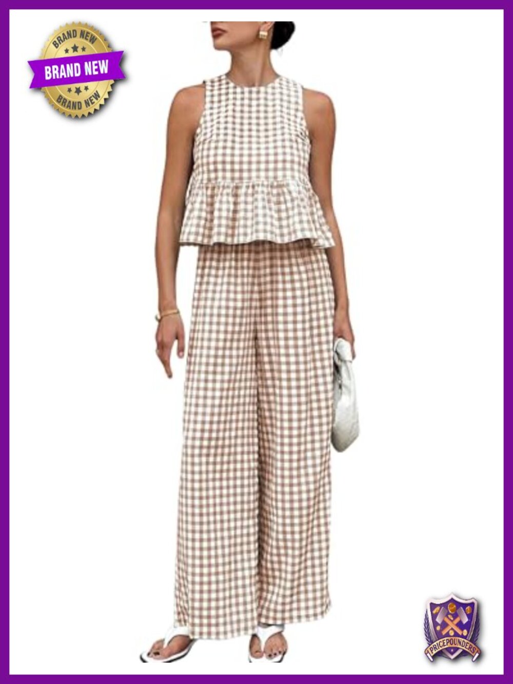 2 Piece Gingham Matching Set Sleeveless Ruffle Trim Wide Leg Pants